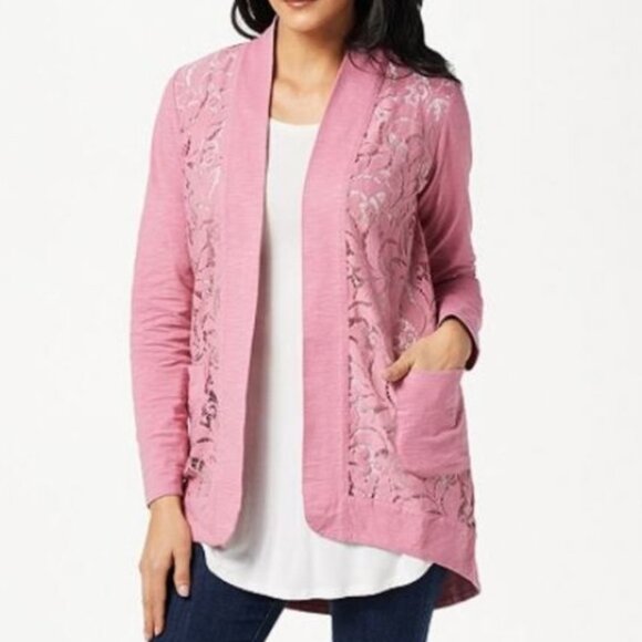 LOGO BY LORI GOLDSTEIN Plus Size Open Front Slub Cardigan w/ Lace Detail Pink 3X - Picture 1 of 14